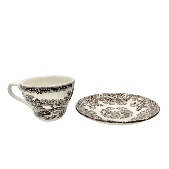 Churchill Cup and Saucer Set White with Brown Landscape and Floral Scene - Picture 2 of 10